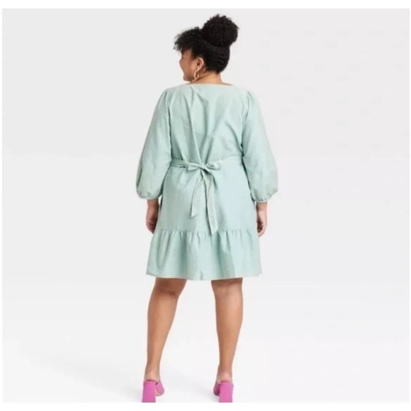 Ava & Viv Tiered Dress Tie Back Balloon Sleeve A Line Acid Wash Green Size 1X - Picture 14 of 14